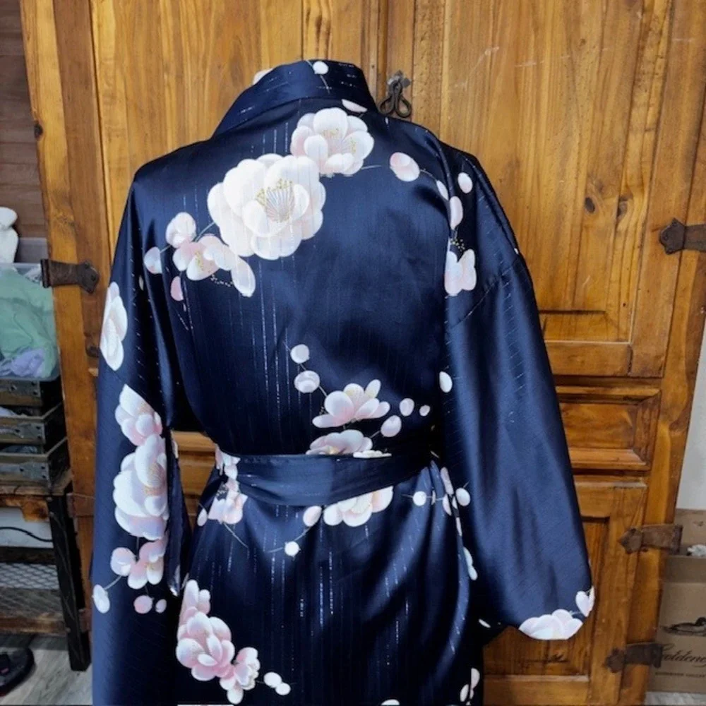 Ichiban Japanese Kimono Robe Navy Blue Pink Floral Cherry Blossom Metallic Japan